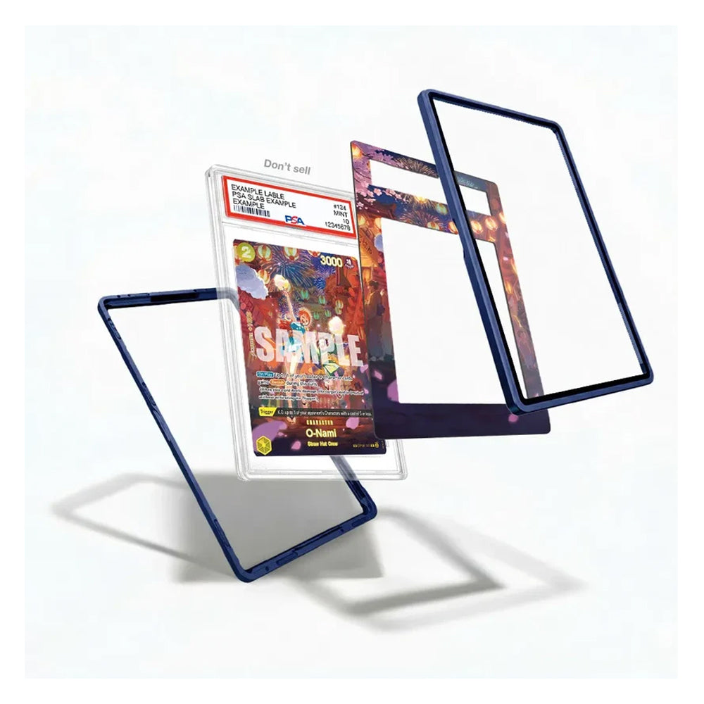 A set of clear acrylic display frames with dark blue borders, shown floating in an exploded view around a sample graded card. The frames are displayed on a clean white background with soft shadows.