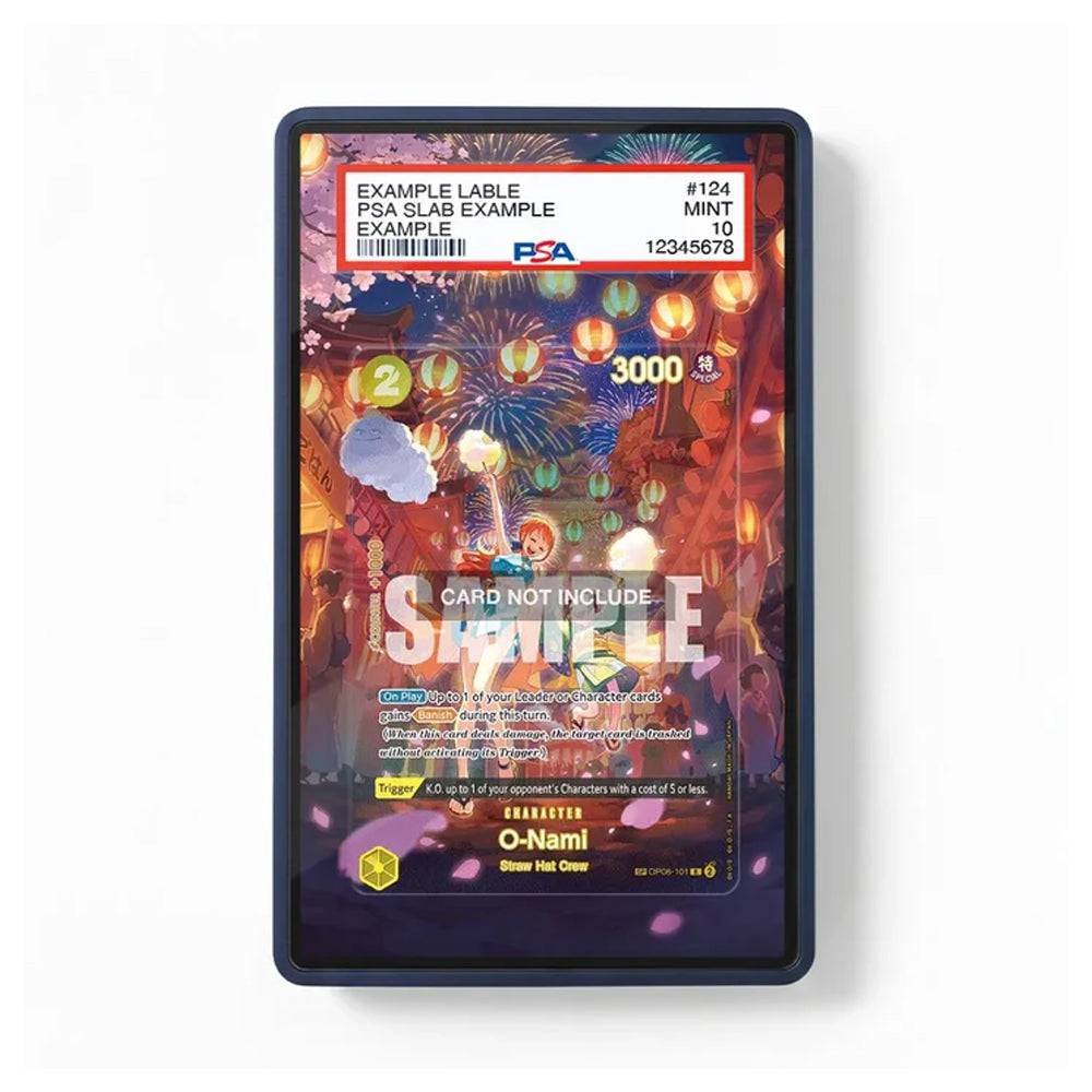 A PSA-certified collectible grading slab showing a colorful illustrated trading card with a dark blue border, set against a clean white background.