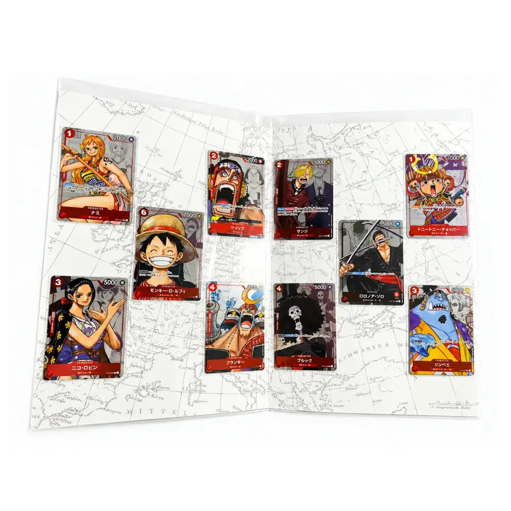 A set of illustrated trading cards displayed on a white map-style backing sheet. The cards feature anime characters and include visible text such as One Piece and various character names.