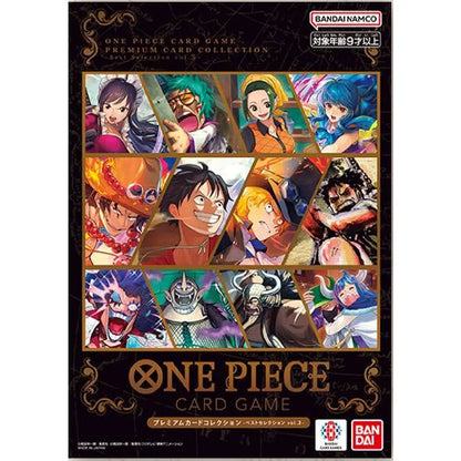 Front cover of the One Piece Card Game Premium Card Collection Vol. 3 box set, featuring a collage of anime characters on a dark background with prominent One Piece and Bandai Namco branding.