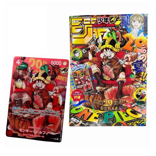 A One Piece manga card and a One Piece manga volume displayed together on a plain white background. The card features Monkey D.