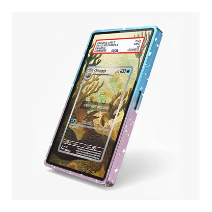 A custom protective phone case with a holographic Pokémon Omanyte card design, featuring a blue-to-purple gradient border with white speckles, shown on a light gray background.