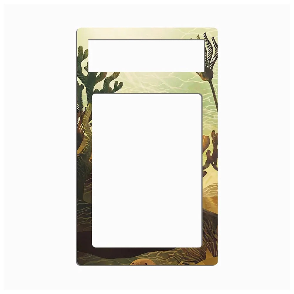 A decorative metal light switch plate cover featuring an underwater coral reef illustration in shades of green, gold, and brown, with a cutout for a light switch and a larger rectangular opening.