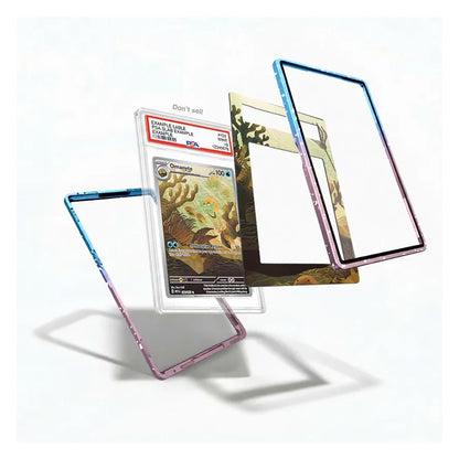 Three transparent protective card cases with colorful marbled edges are displayed around a graded Pokémon Orange card on a clean white background.
