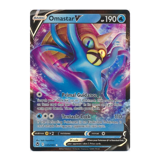 A single Pokémon trading card featuring Omastar V, a blue and purple exo-egg creature, shown against a plain white background.