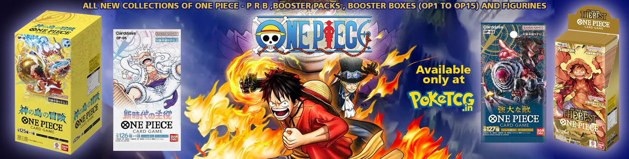 Promotional banner for One Piece merchandise, including boxes and character images, with text about availability at Pokemon centers.