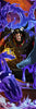Anime-style illustrated character in a dark coat surrounded by swirling purple energy, with a blurred face area and dramatic blue-purple background effects.
