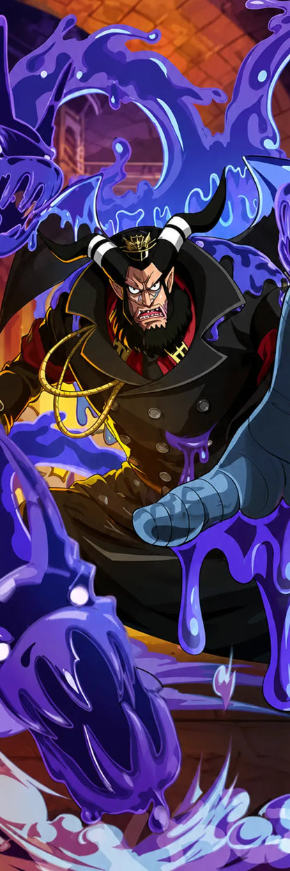 Anime-style illustrated character in a dark coat surrounded by swirling purple energy, with a blurred face area and dramatic blue-purple background effects.