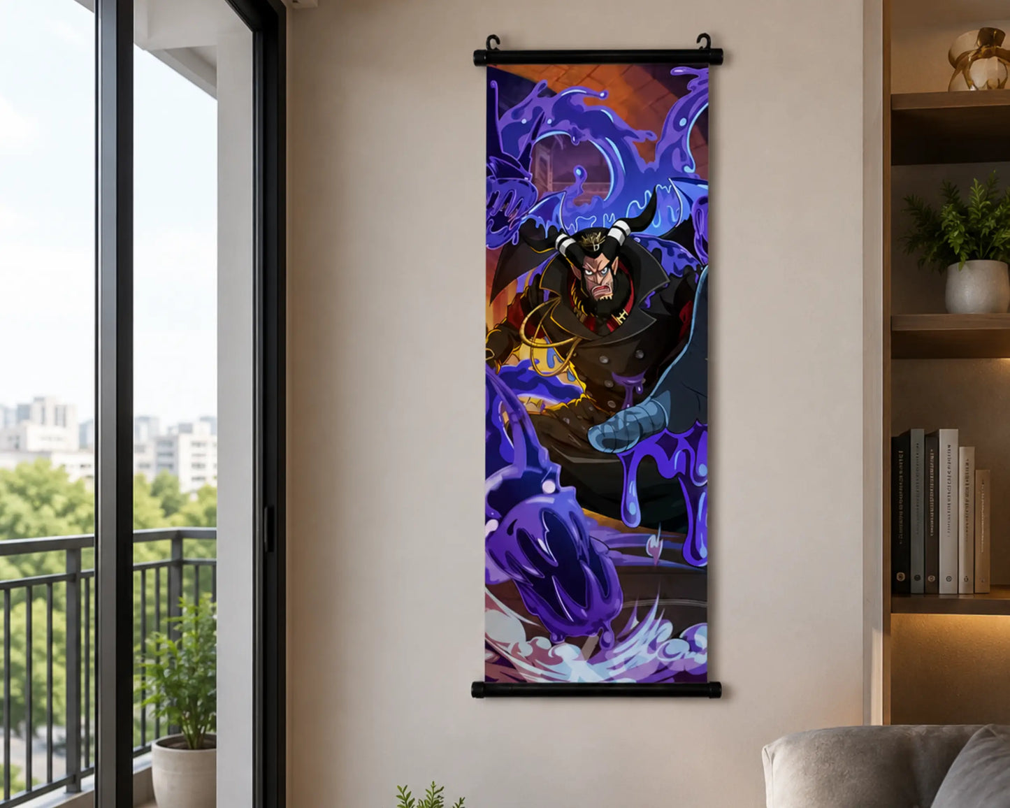 A vertical wall scroll banner featuring an anime-style character with glowing purple energy effects, hanging on a beige wall in a modern room with a window and bookshelf visible.