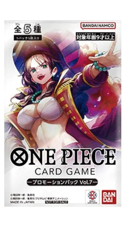 One Piece Card Game promotional pack Vol.7 featuring an anime character illustration on the front packaging, with Bandai Namco branding and Japanese text.