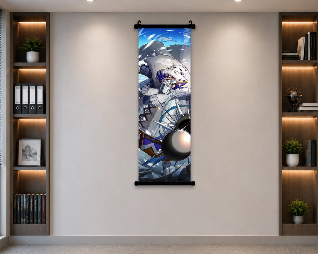 A vertical anime-style wall scroll poster featuring a white-haired female character in a blue and gray sci-fi setting, displayed on a beige wall between two built-in wooden shelves with books and plants.