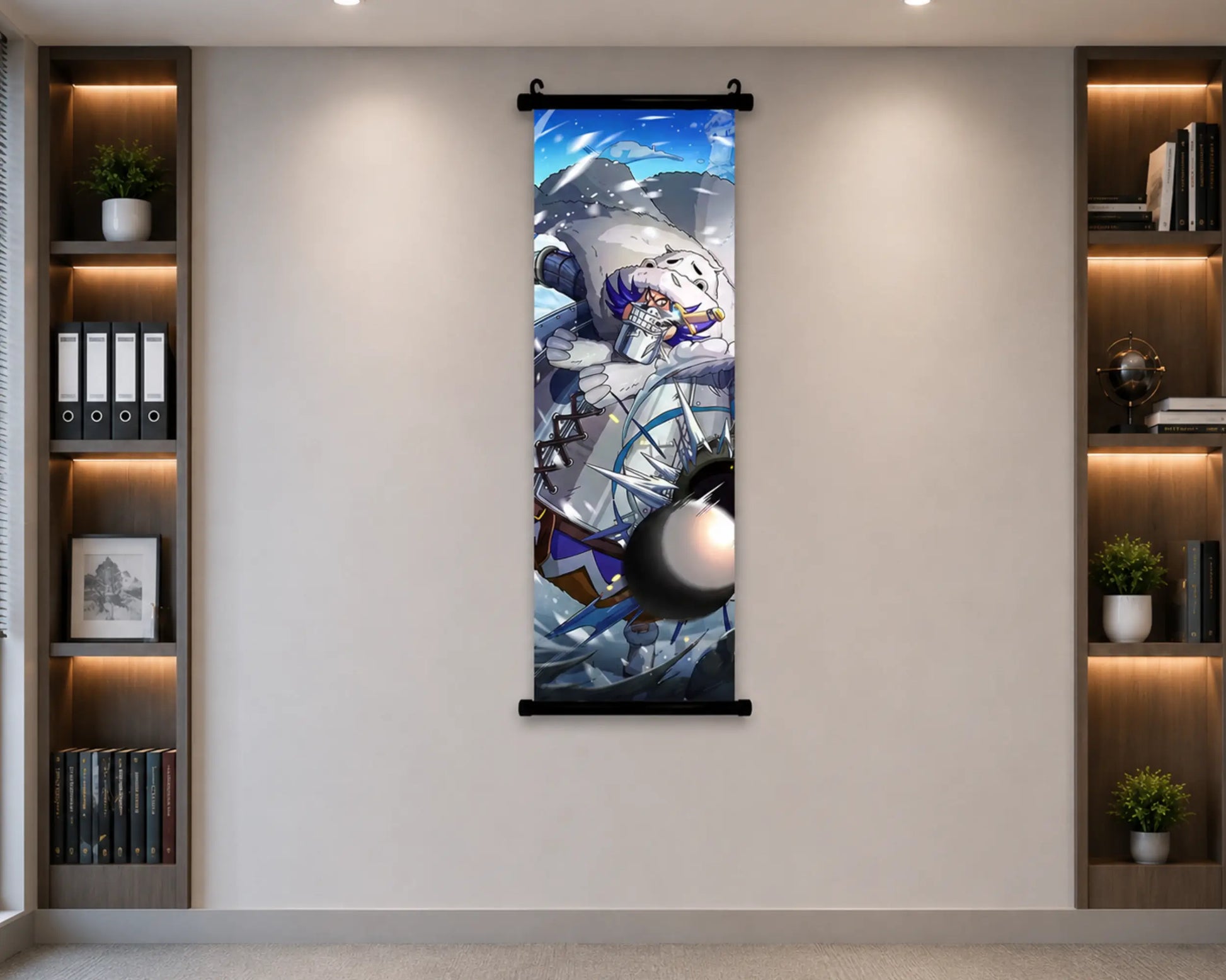 A vertical anime-style wall scroll poster featuring a white-haired female character in a blue and gray sci-fi setting, displayed on a beige wall between two built-in wooden shelves with books and plants.