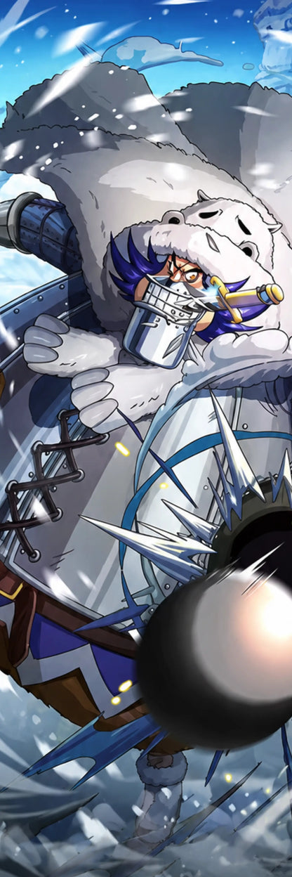Anime-style illustration of a large white polar bear-like character wearing a blue and purple winter outfit, holding a metal cup, with snowy mountains and icy surroundings in the background.
