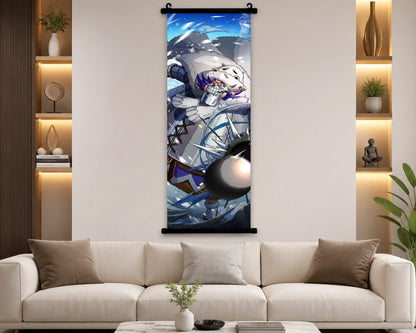A vertical anime wall scroll poster featuring a character in blue and white armor, displayed in a modern living room setting above a white sofa with decorative pillows.
