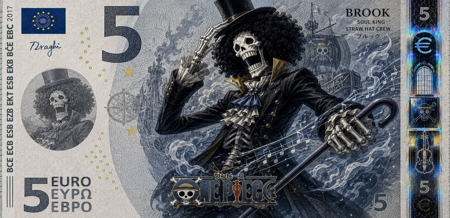 A novelty banknote-style print featuring Brook from One Piece, shown as the main designed subject with surrounding euro-note-inspired security features and text.