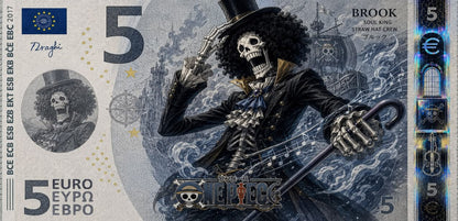 A novelty banknote-style print featuring Brook from One Piece, shown as the main designed subject with surrounding euro-note-inspired security features and text.