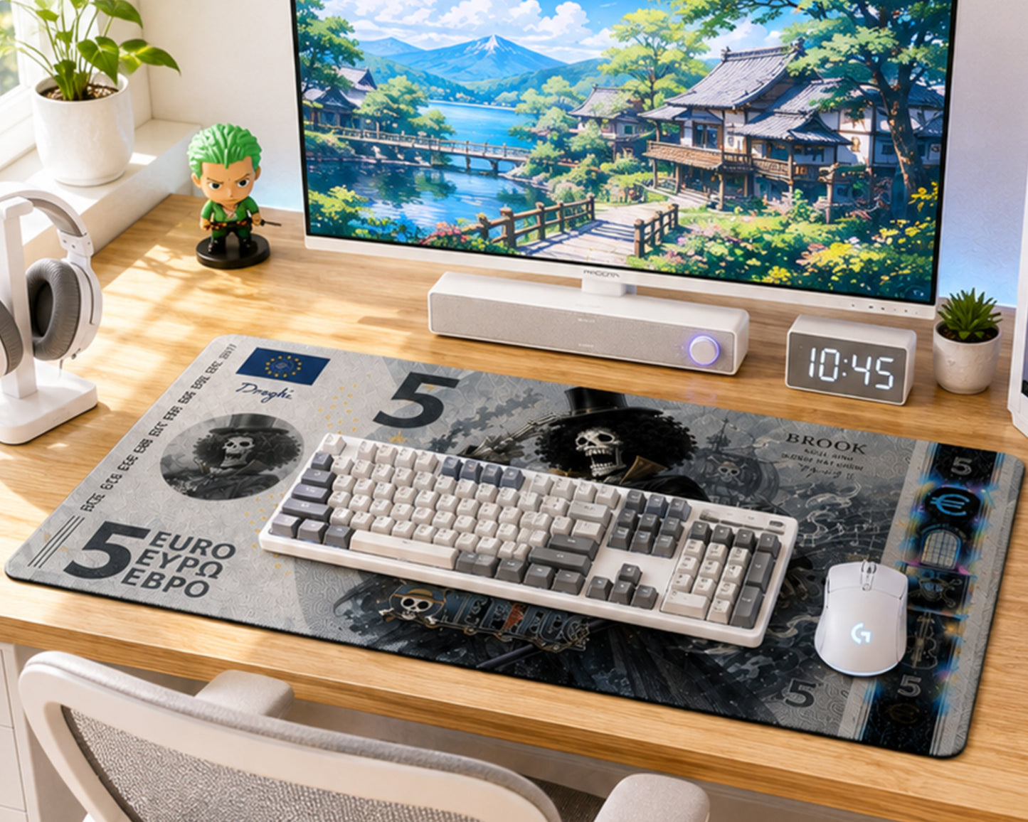 A styled desk setup featuring a large 5 Euro bill themed mousepad with a keyboard and mouse on it, set in front of a computer monitor showing a scenic landscape.