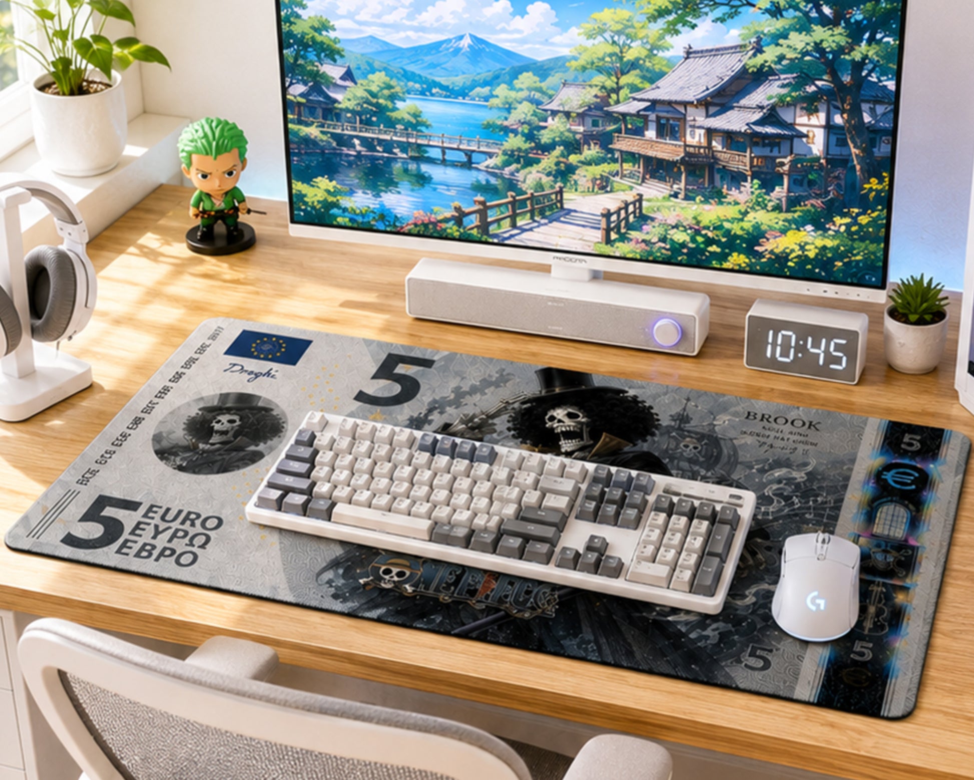 A styled desk setup featuring a large 5 Euro bill themed mousepad with a keyboard and mouse on it, set in front of a computer monitor showing a scenic landscape.
