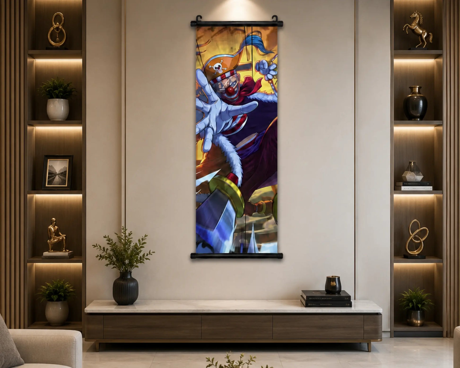 A vertical wall scroll art print featuring a colorful anime-style character, displayed in a modern living room setting above a wooden console table.