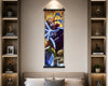 A vertical wall scroll art print featuring a colorful anime-style character, displayed in a modern bedroom setting above a bed with neutral-toned bedding and flanked by built-in shelving.