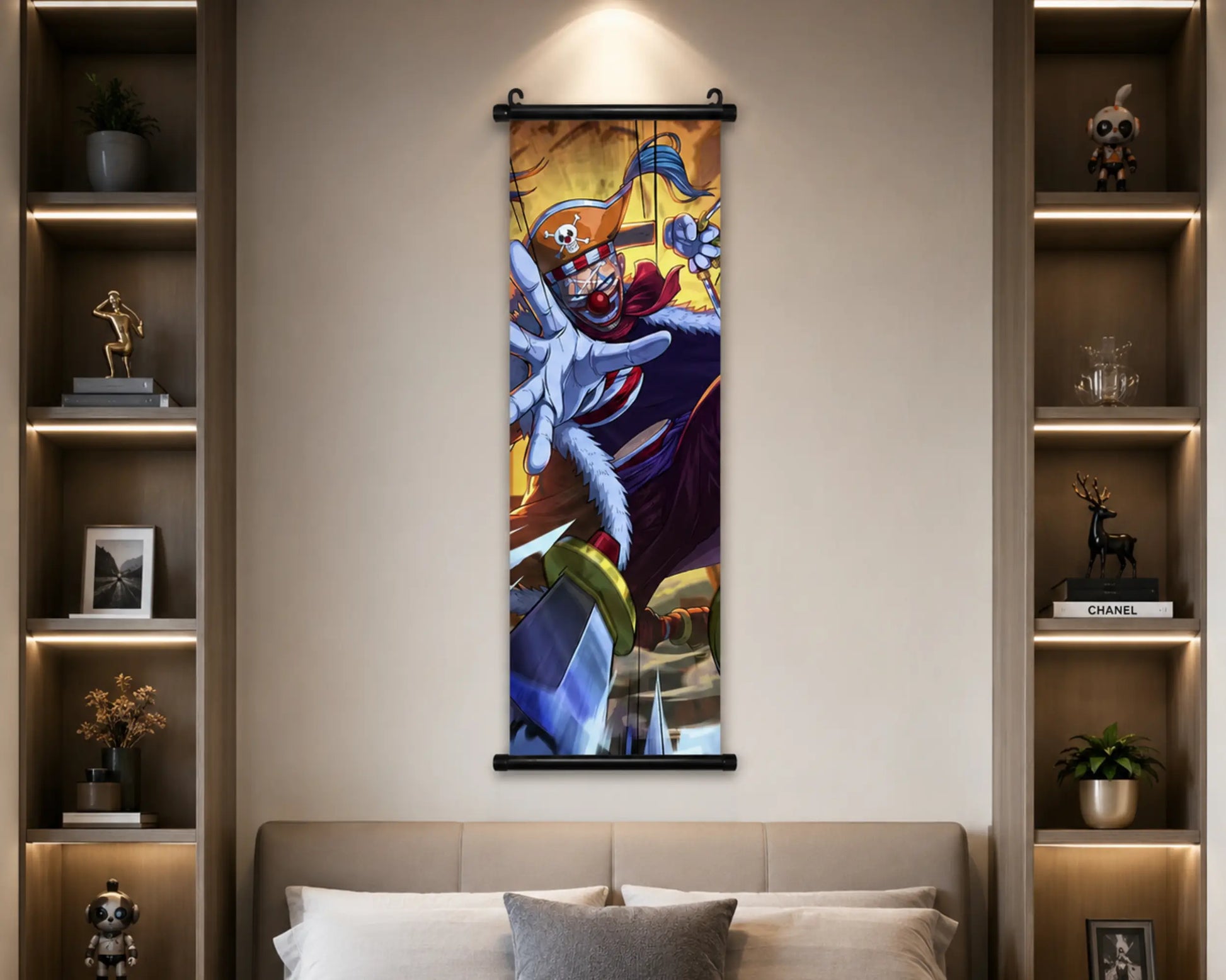 A vertical wall scroll art print featuring a colorful anime-style character, displayed in a modern bedroom setting above a bed with neutral-toned bedding and flanked by built-in shelving.