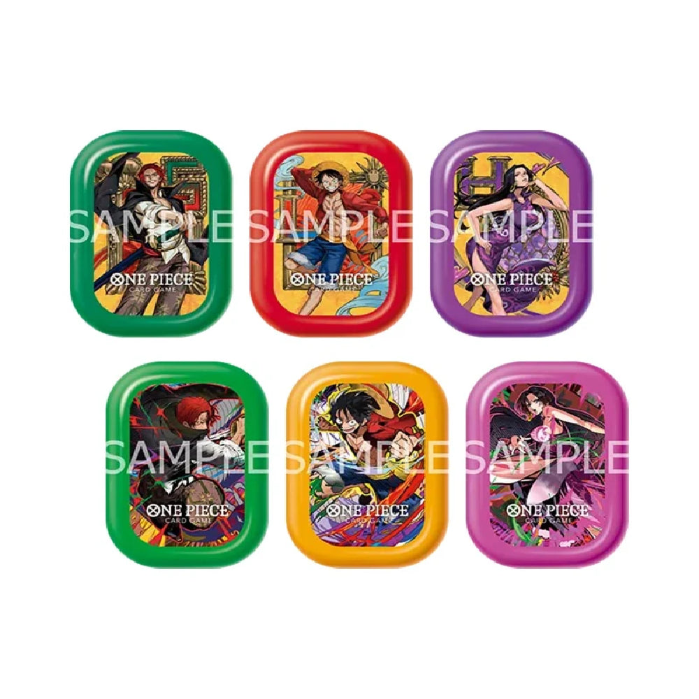Set of six colorful containers with 'One Piece' character illustrations on a white background.