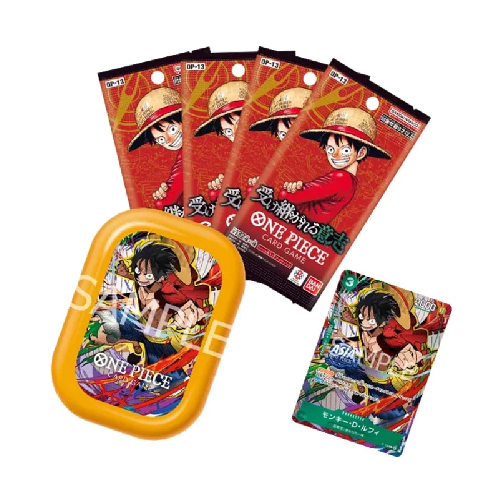 Collection of One Piece trading card game packs and a display stand on a white background