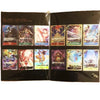 Collection of trading cards in a display album with various characters and designs.