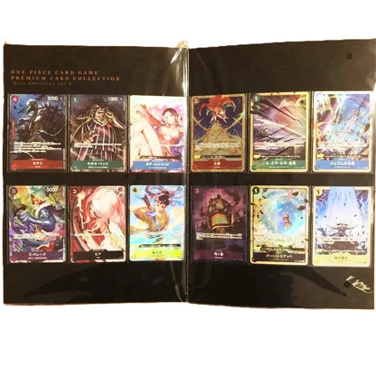 Collection of trading cards in a display album with various characters and designs.