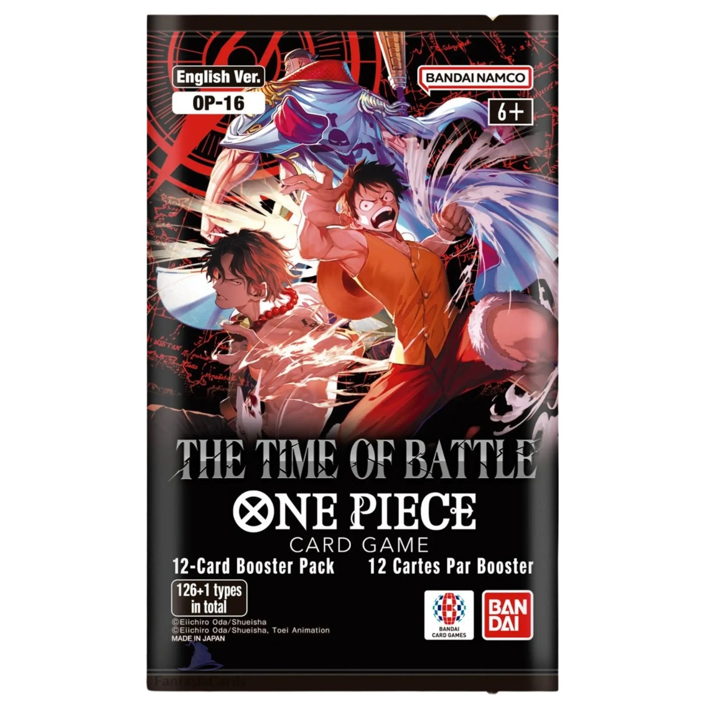 Front of a One Piece Card Game booster pack package, showing anime artwork with Luffy, Zoro, and other characters, plus text including 'The Time of Battle,' 'One Piece Card Game,' '12-card Booster Pack,' and Bandai/Namco branding.