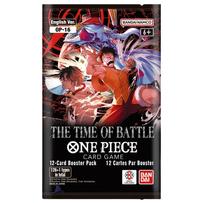 Front of a One Piece Card Game booster pack package, showing anime artwork with Luffy, Zoro, and other characters, plus text including 'The Time of Battle,' 'One Piece Card Game,' '12-card Booster Pack,' and Bandai/Namco branding.