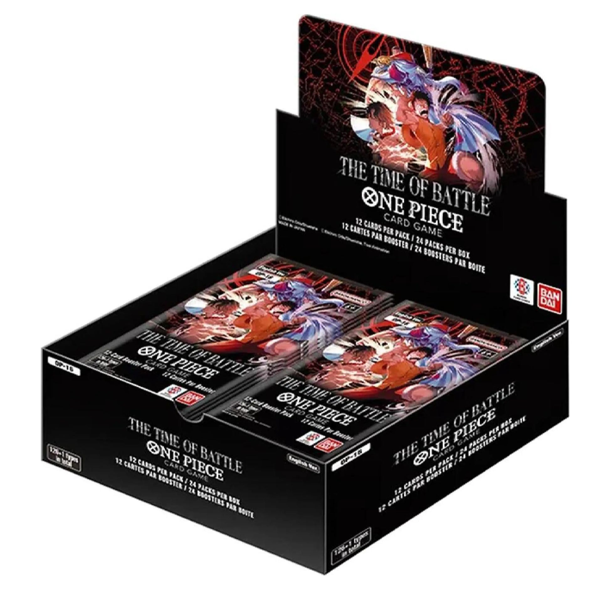 Bandai Namco One Piece Card Game display box containing multiple booster packs, shown on a plain white background.