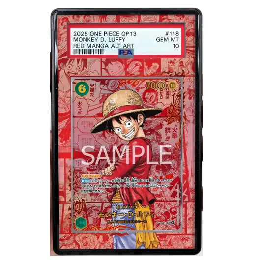 Trading card featuring Monkey D. Luffy from One Piece with a red and black border.