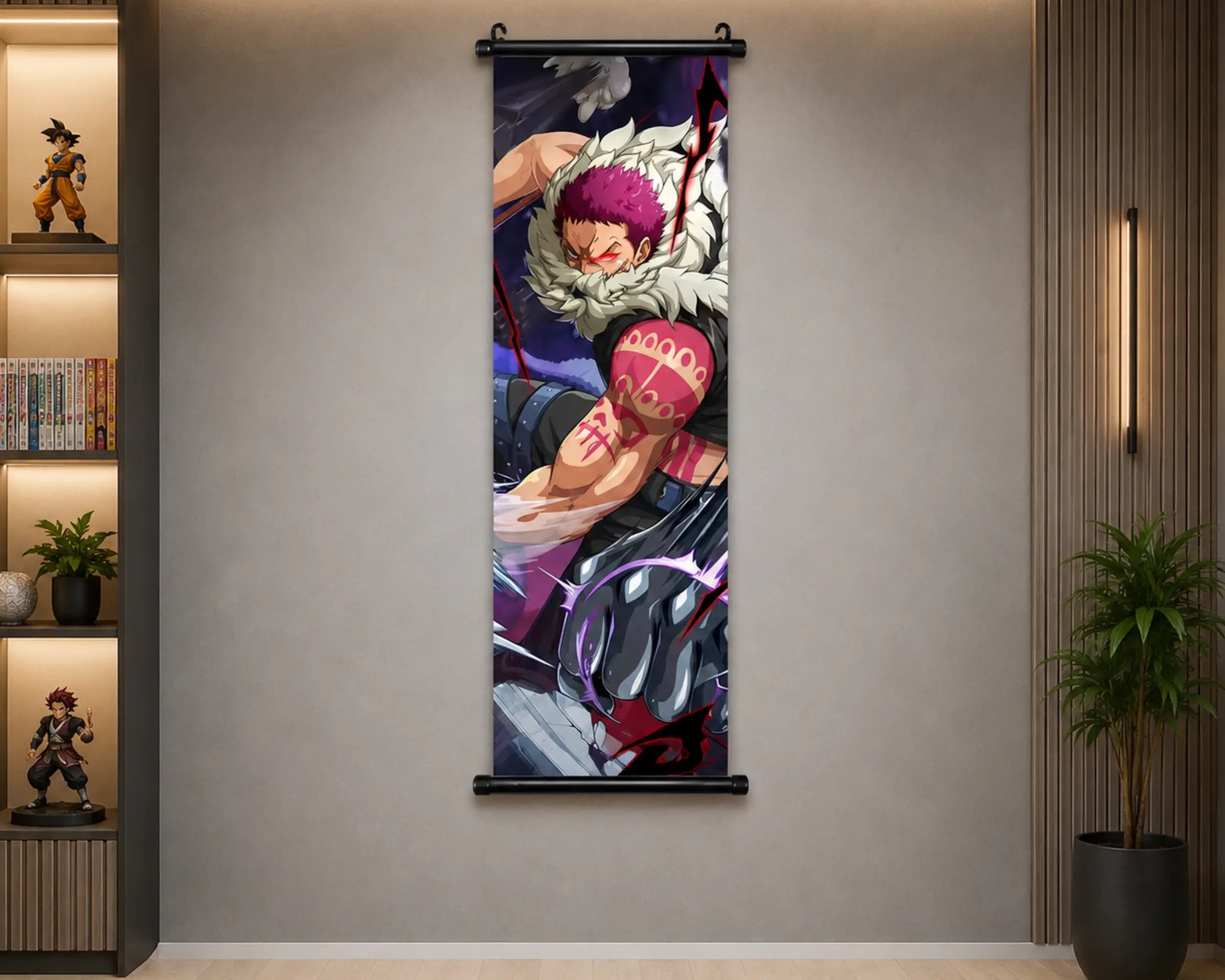 A vertical anime wall scroll poster featuring Roronoa Zoro from One Piece, hanging on a neutral gray wall in a modern room setting with shelves and a plant.