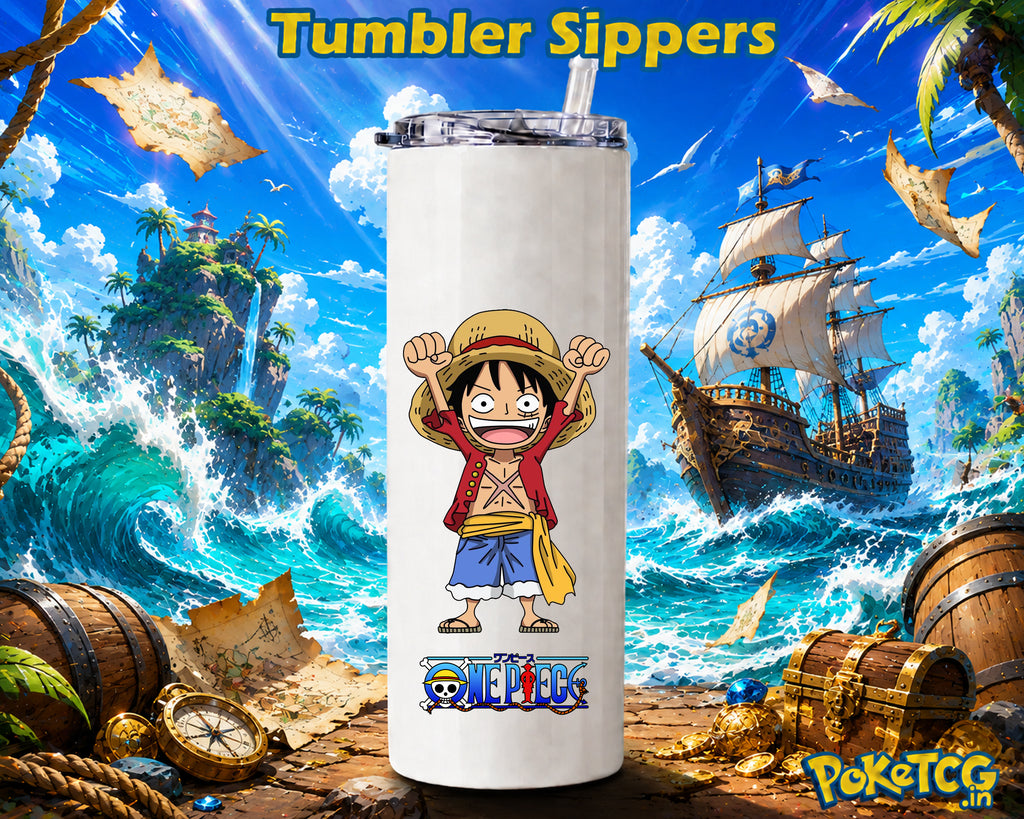 A white insulated tumbler with a clear lid and straw, featuring a printed One Piece character and logo, set against a vibrant pirate-themed ocean backdrop with ships, treasure, and the text 'Tumbler Sippers' and 'Poké Tog'.