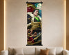A vertical anime wall scroll featuring a character wrapped in chains, displayed on a beige wall above a light-colored sofa in a modern living room setting.