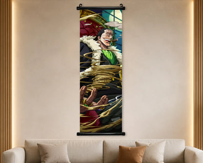 A vertical anime wall scroll featuring a character wrapped in chains, displayed on a beige wall above a light-colored sofa in a modern living room setting.