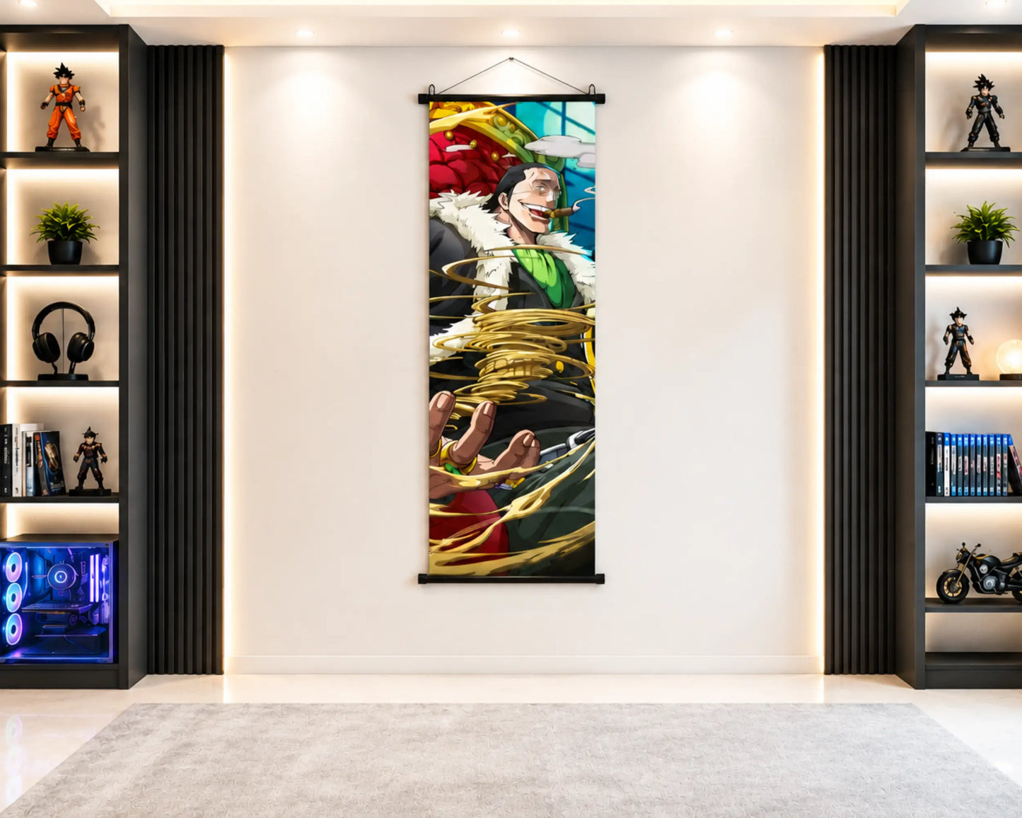 A vertical anime wall scroll featuring the Joker character, displayed in a modern home office setting on a white wall between two illuminated shelving units.
