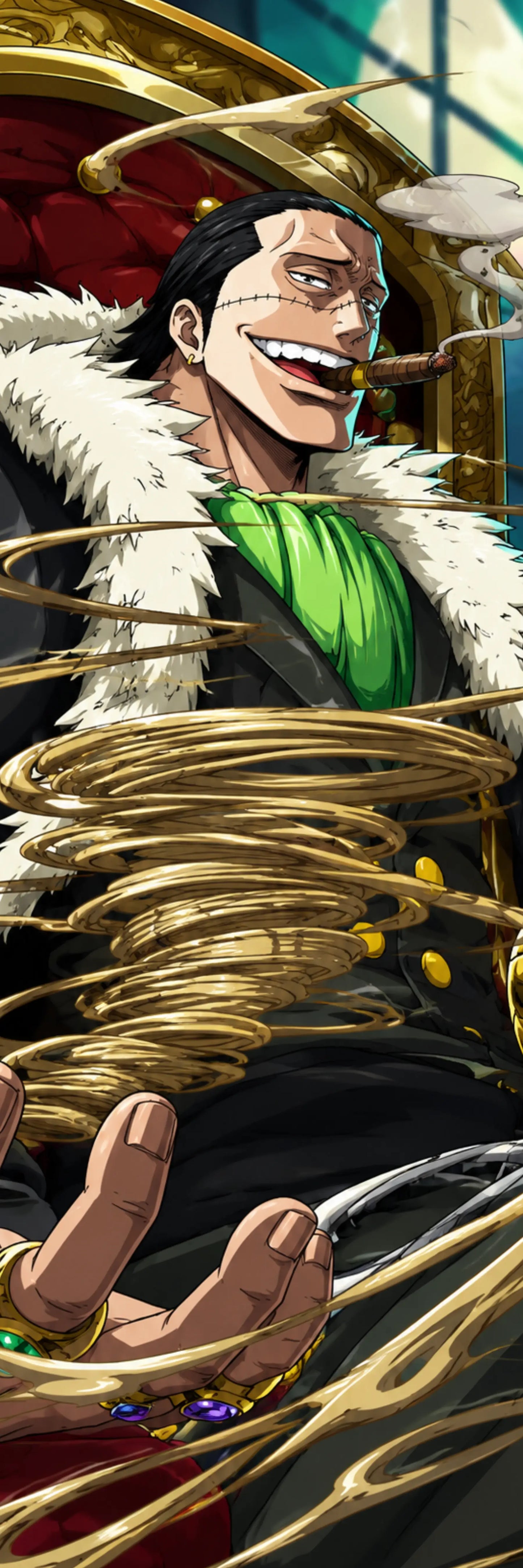 Anime-style illustration of a man in a black and white fur-trimmed coat with a green shirt, seated in an ornate chair and surrounded by swirling gold chains.