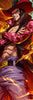 One Piece anime artwork featuring Dracule Mihawk wearing his signature wide-brimmed hat and dark coat, with crossed arms, patterned red sleeves, and a sword against a fiery orange background.