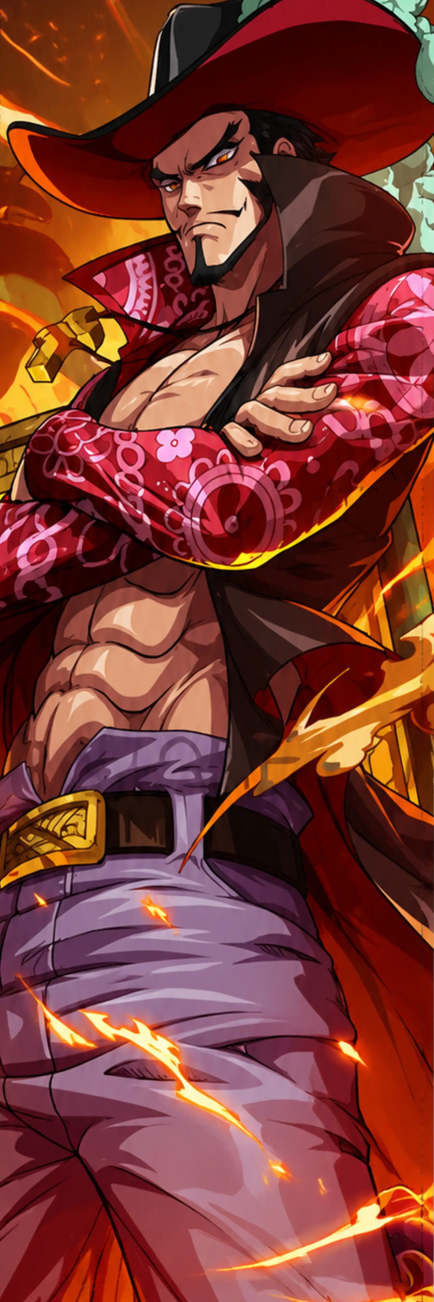 One Piece anime artwork featuring Dracule Mihawk wearing his signature wide-brimmed hat and dark coat, with crossed arms, patterned red sleeves, and a sword against a fiery orange background.