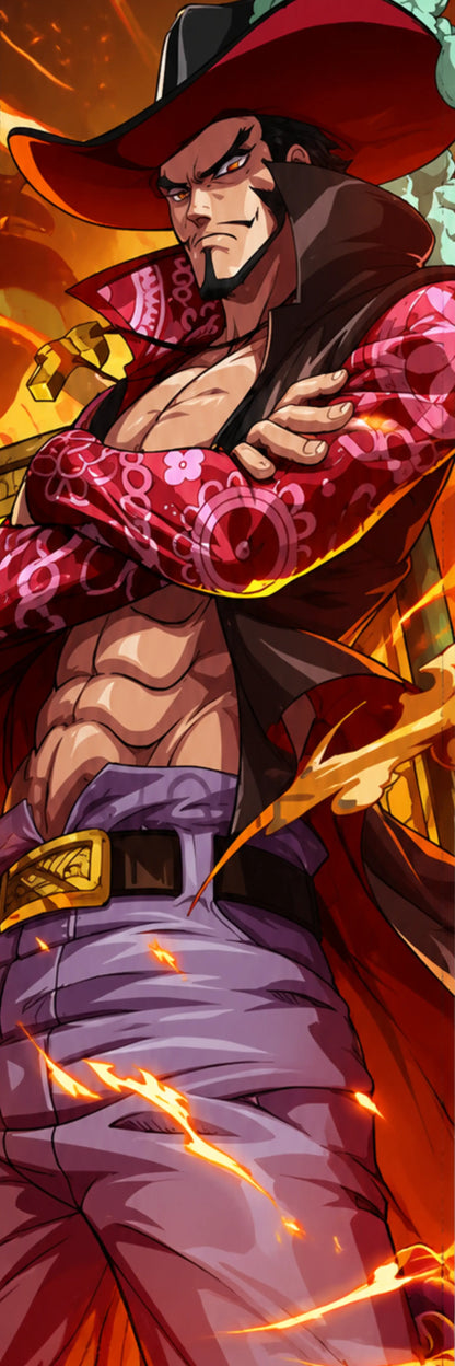 One Piece anime artwork featuring Dracule Mihawk wearing his signature wide-brimmed hat and dark coat, with crossed arms, patterned red sleeves, and a sword against a fiery orange background.
