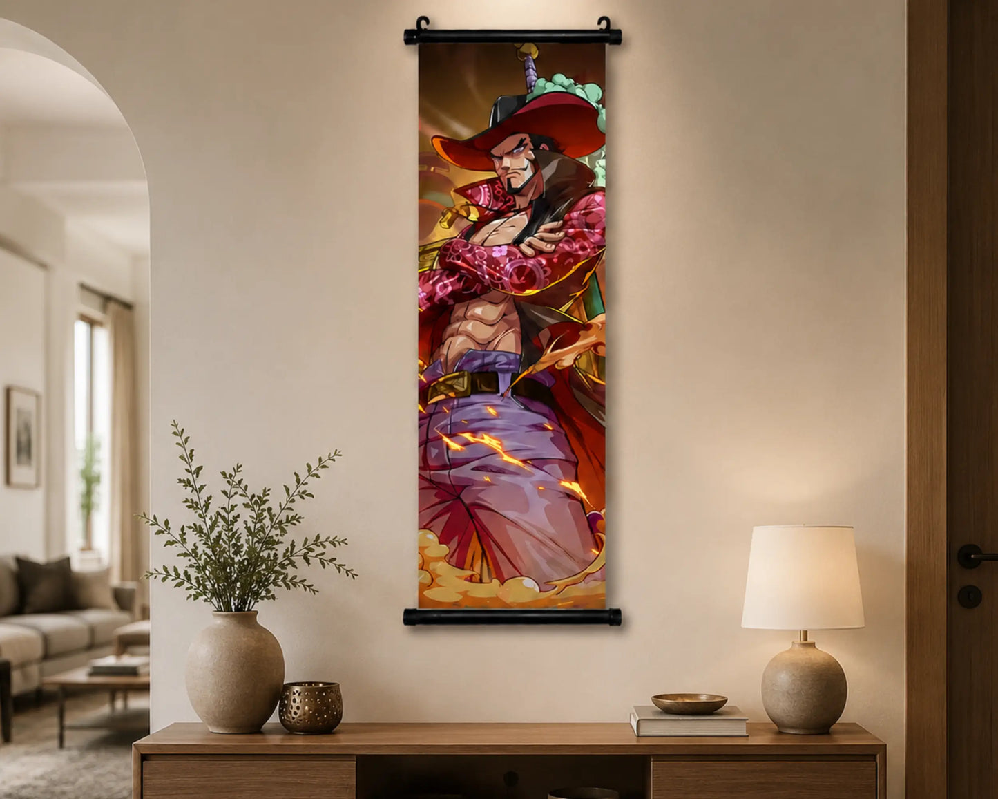 A vertical wall scroll art print featuring an anime-style warrior character, hanging on a beige wall in a modern living room setting with a console table, lamp, and vase.