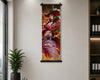 A vertical anime-style wall scroll poster featuring a male warrior character in a red hat and purple robe, hanging on a beige wall in an office setting with a plant and shelving visible.