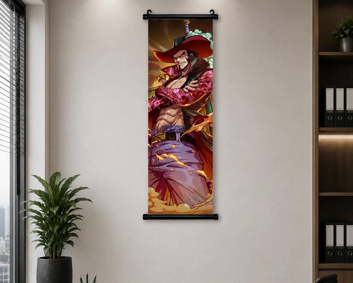 A vertical anime-style wall scroll poster featuring a male warrior character in a red hat and purple robe, hanging on a beige wall in an office setting with a plant and shelving visible.