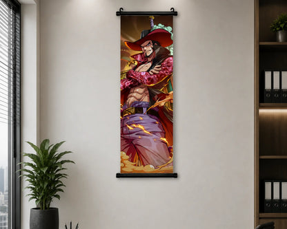 A vertical anime-style wall scroll poster featuring a male warrior character in a red hat and purple robe, hanging on a beige wall in an office setting with a plant and shelving visible.
