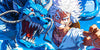 Anime-style artwork showing a blue dragon-like creature with sharp teeth and a smiling white-haired character in a white top against a bright blue sky background.