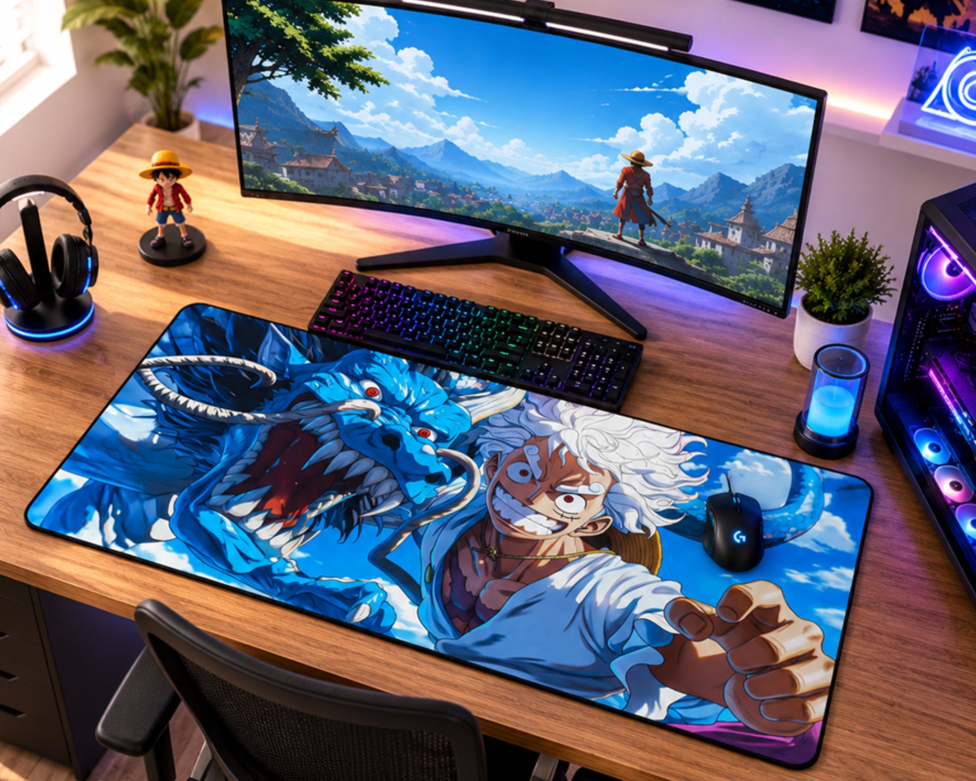 A large desk mat featuring an anime illustration of a blue dragon and a white-haired character, shown on a wooden desk in a gaming setup with a curved monitor, keyboard, mouse, headphones, and PC tower.
