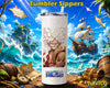 A white insulated tumbler with a clear lid and straw, featuring a One Piece character print and the One Piece logo near the bottom. The tumbler is centered against a vivid pirate-themed background with ocean waves, treasure, a ship, and the text 'Tumbler Sippers' and 'Poké Tog'.