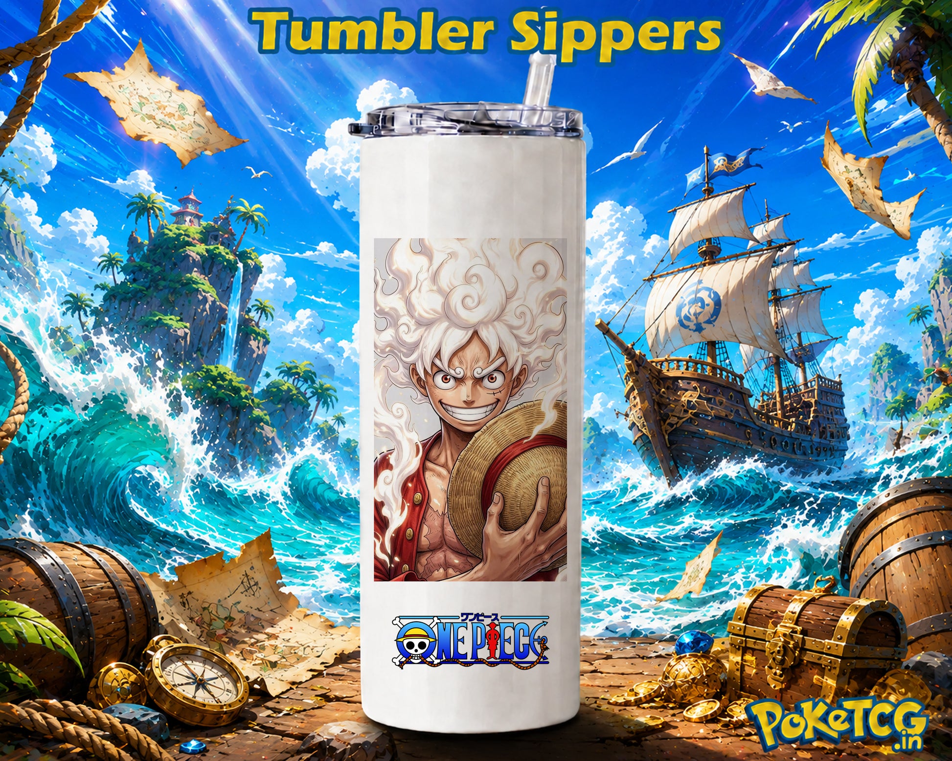 A white insulated tumbler with a clear lid and straw, featuring a One Piece character print and the One Piece logo near the bottom. The tumbler is centered against a vivid pirate-themed background with ocean waves, treasure, a ship, and the text 'Tumbler Sippers' and 'Poké Tog'.
